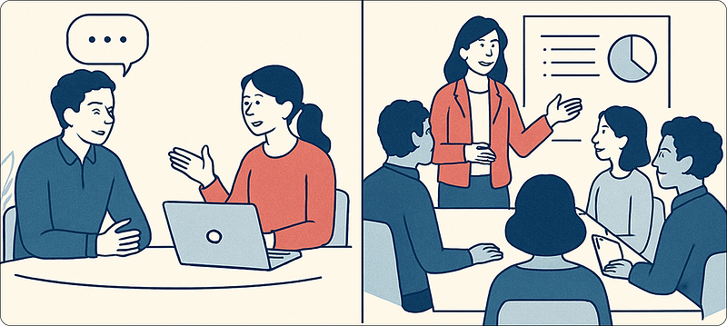 Two colleagues having a productive one-on-one meeting in an office.